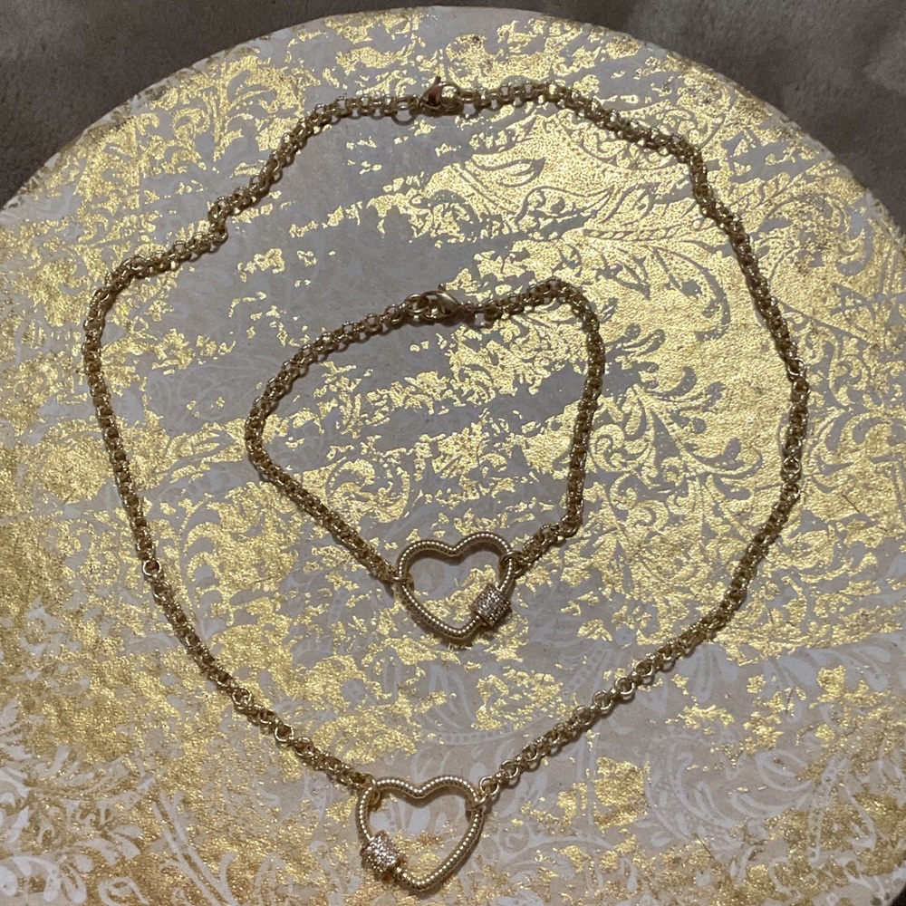 Gold Heart Necklace and Bracelet Set